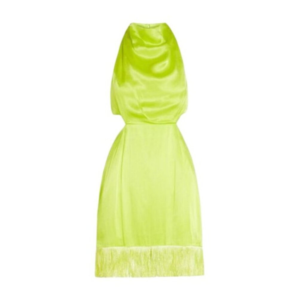 Satin Fringe Cutout XS Elliatt Citrus Leoni Halter Mini Dress In Lime Green - Picture 8 of 13